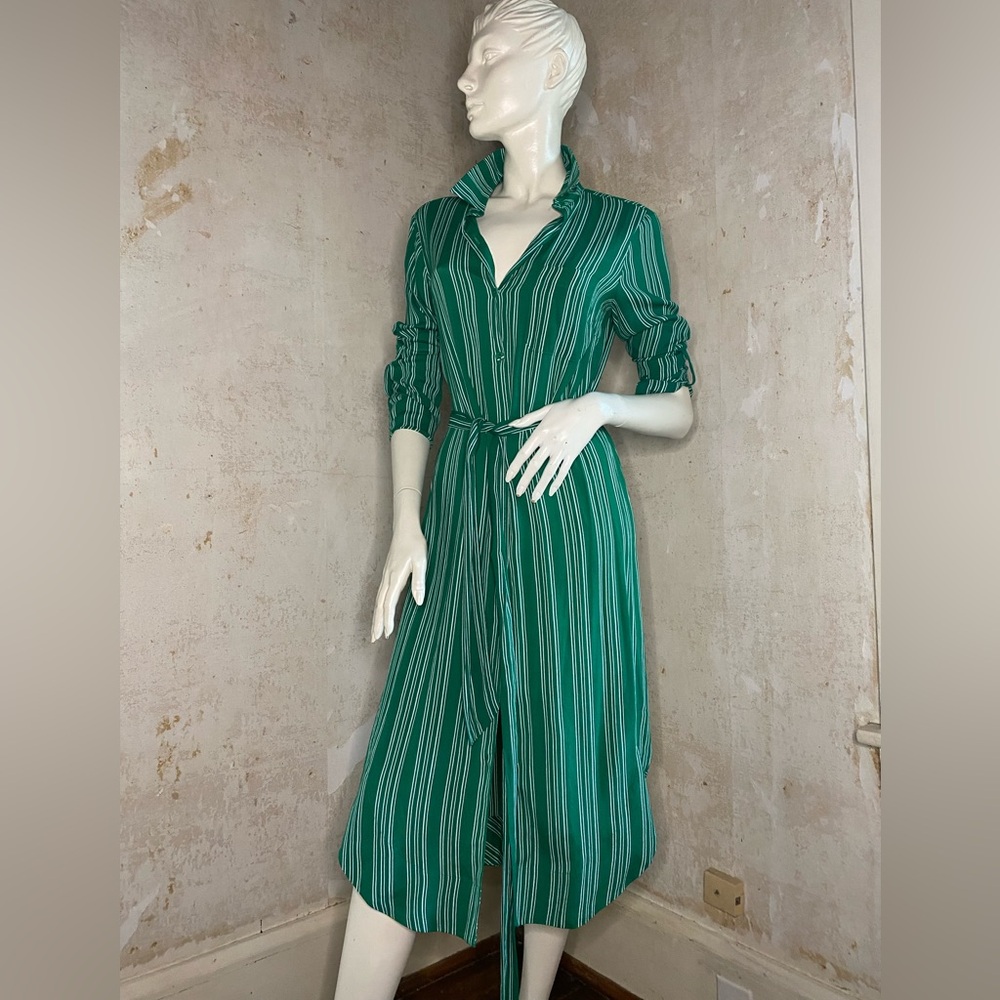 Anthropologie Maeve Green and White Striped ShirtDress